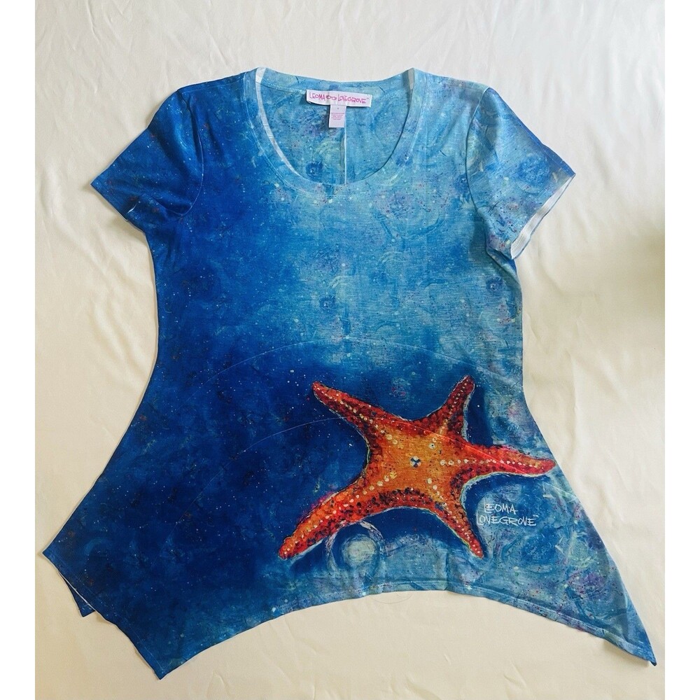 LEOMA LOVEGROVE Starfish Tunic Top Women’s S Blue Sharkbite Hem Art To Wear NWOT